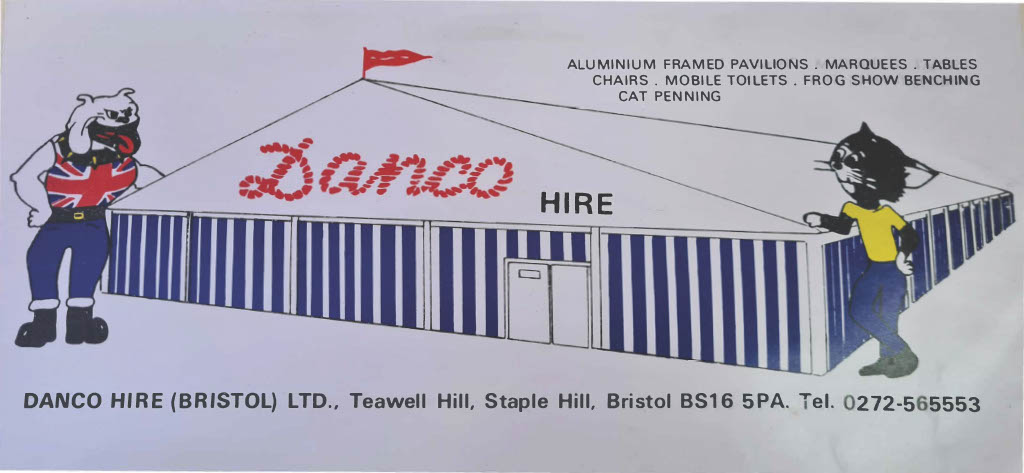 Danco Hire old contact information display with a British bulldog and cat cartoon next to a marquee. 