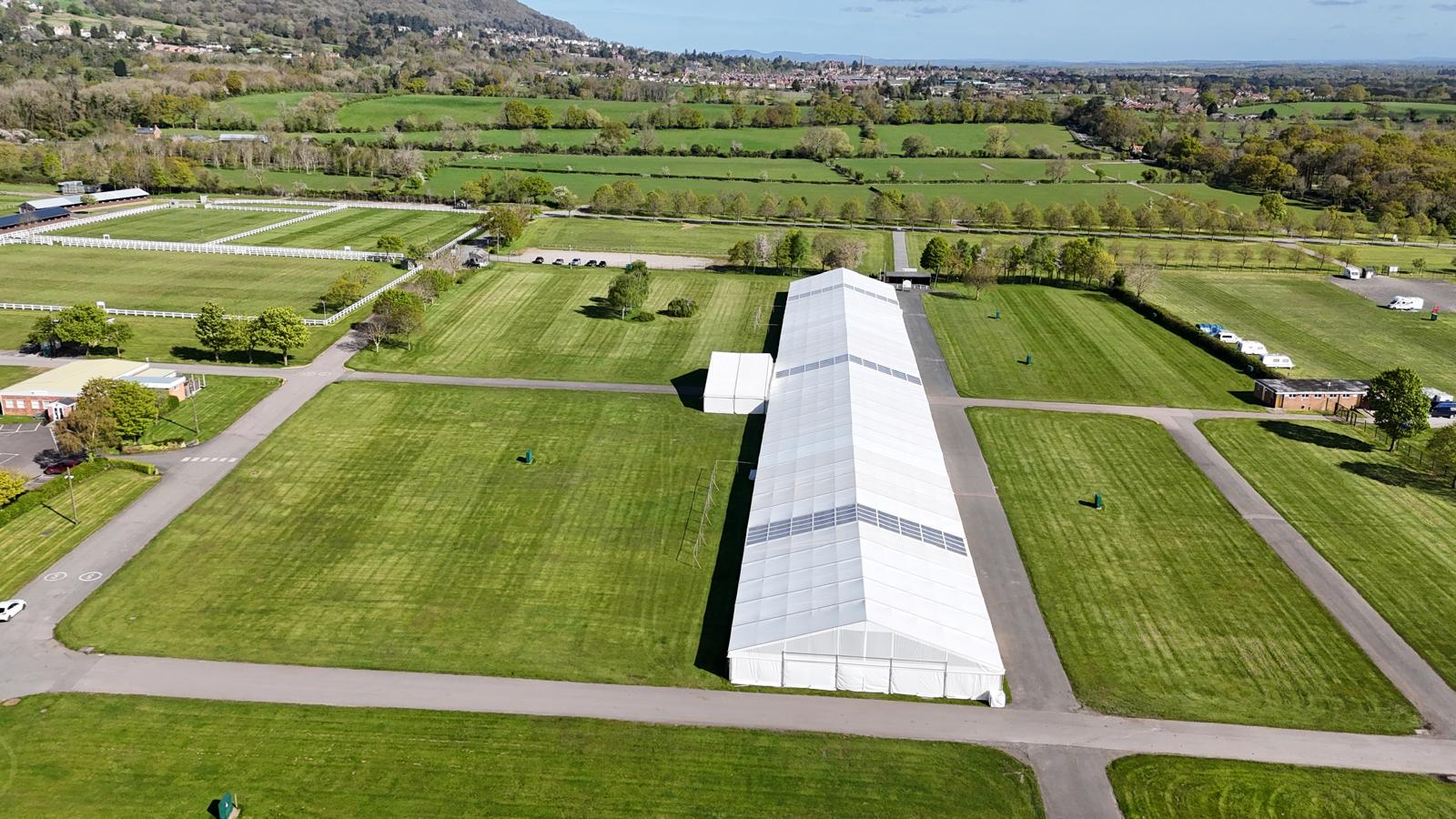 A 200 metre x 25 metre large clear span marquee structure on the showground at the Malvern Spring Show