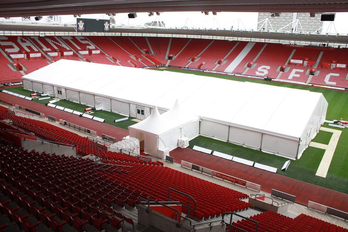 Aluminium framed pavilion on Southampton FC pitch for their end of season promotion party