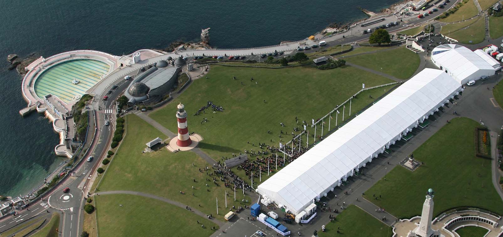 A large marquee structure at Plymouth Hoe for the University of Plymouth Graduation Ceremonies. 